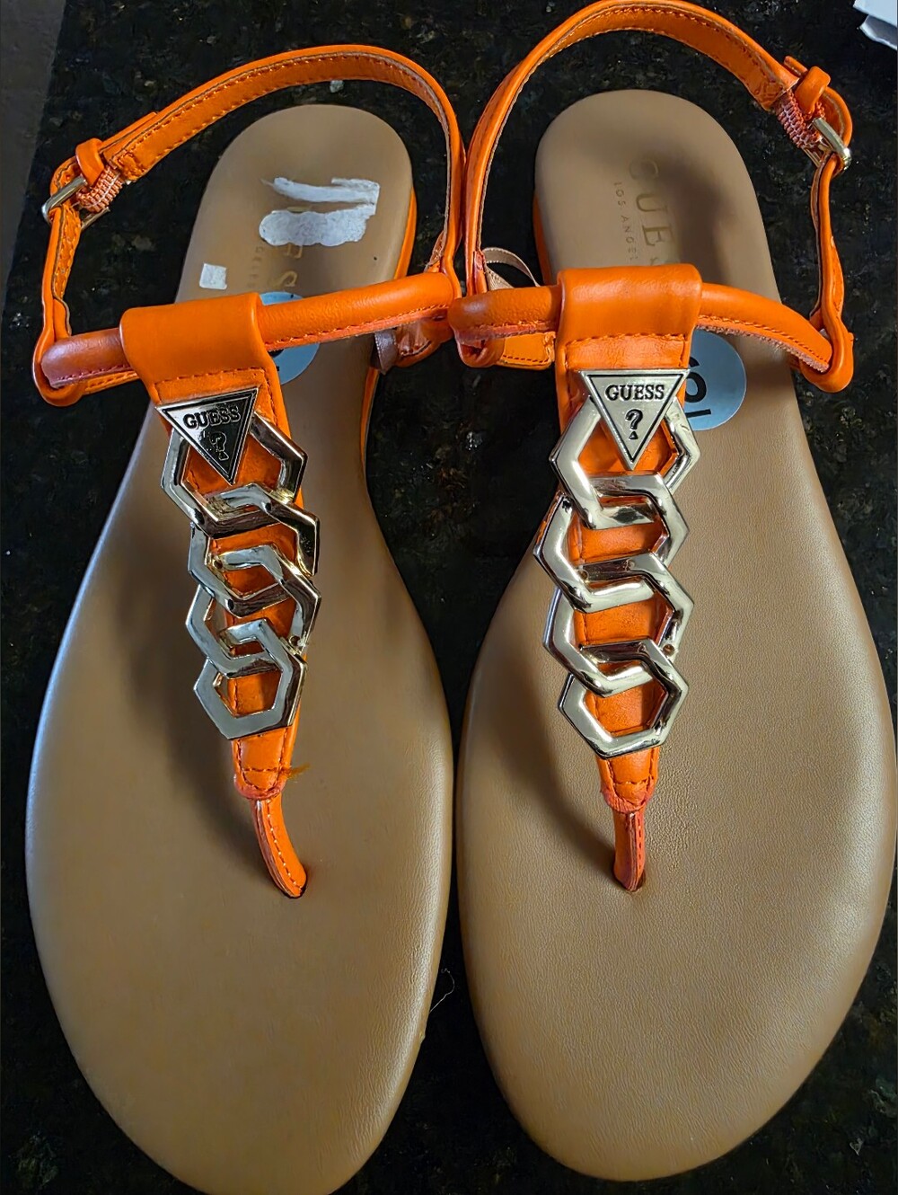 GUESS Orange T-Strap Sandals with Gold Hex Chain